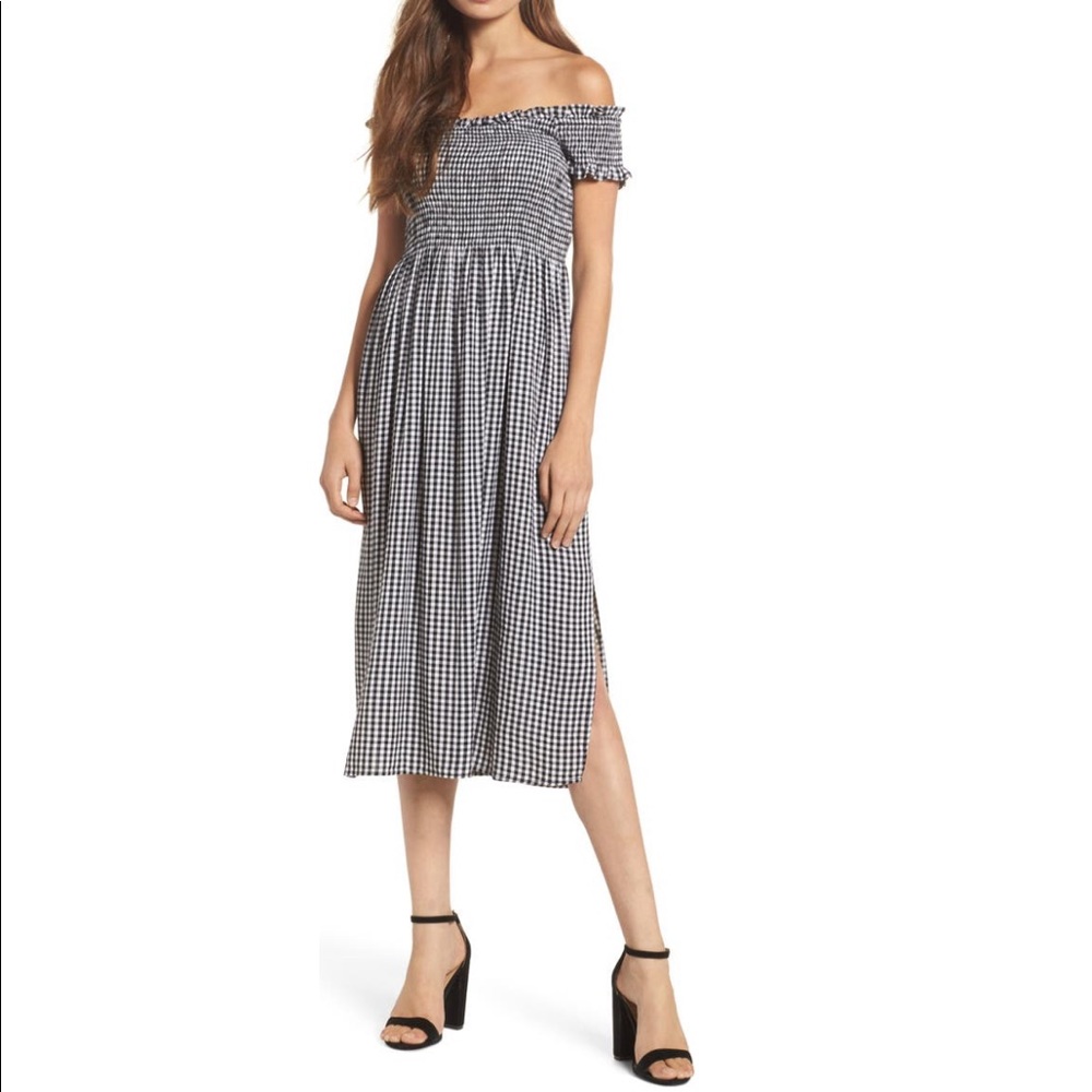 BARDOT Gingham Off the Shoulder Midi Dress (NEW)
